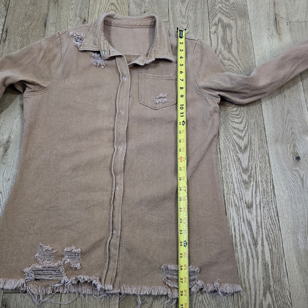 Unbranded Distressed Tan Button Up Denim Shirt Jacket Large - Picture 7 of 7